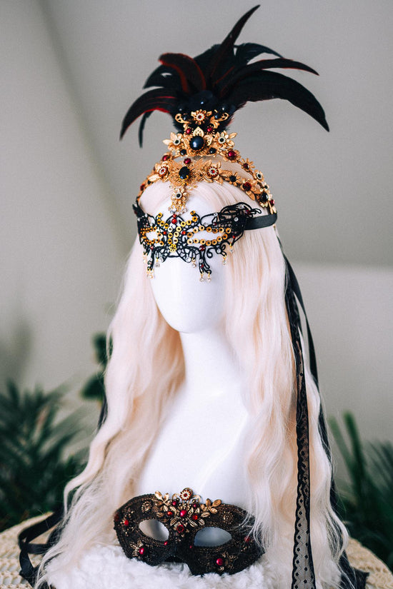 Gold Feather Masquerade Halo Crown Burgundy Crystal Carnival Headpiece