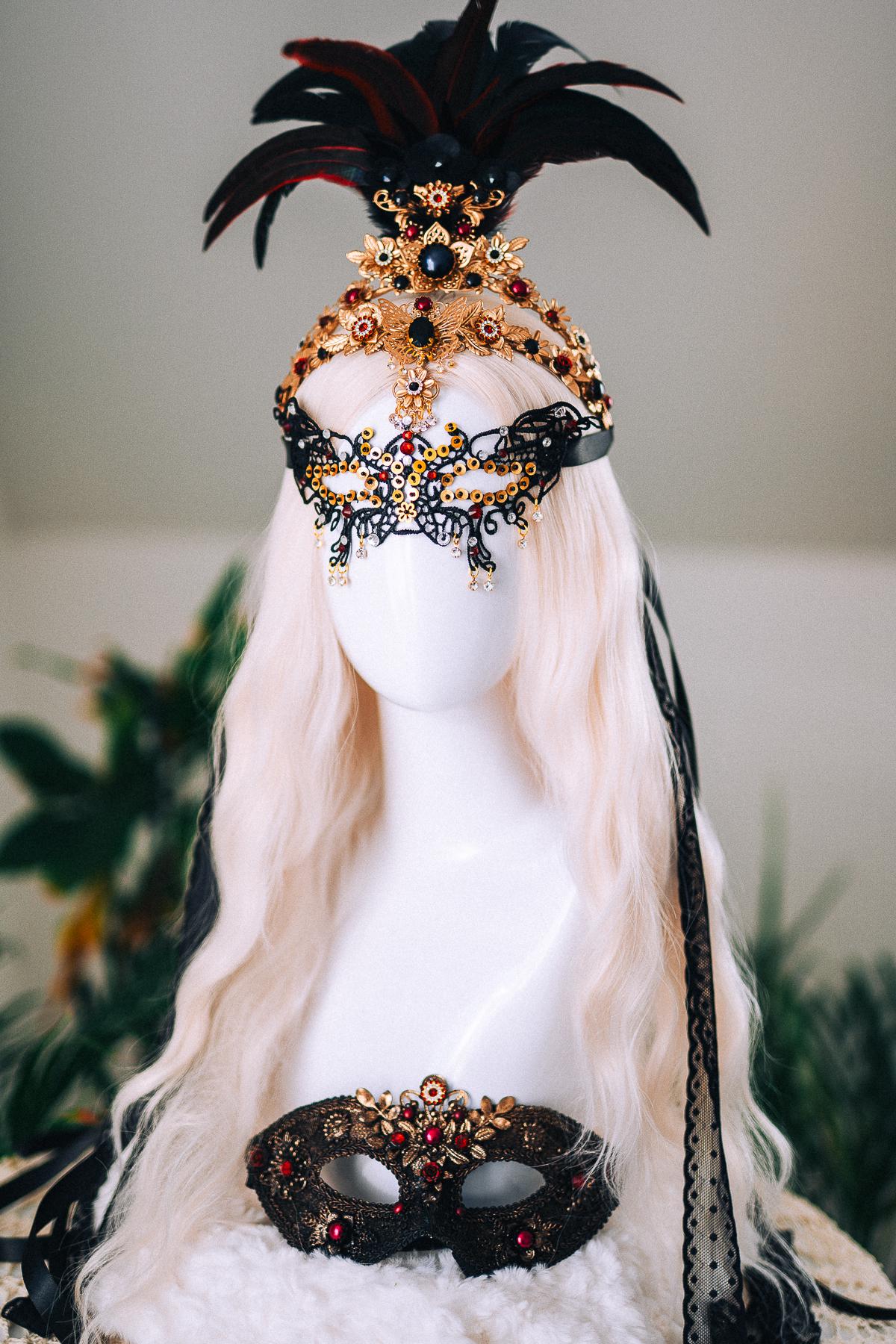 Gold Feather Masquerade Halo Crown Burgundy Crystal Carnival Headpiece