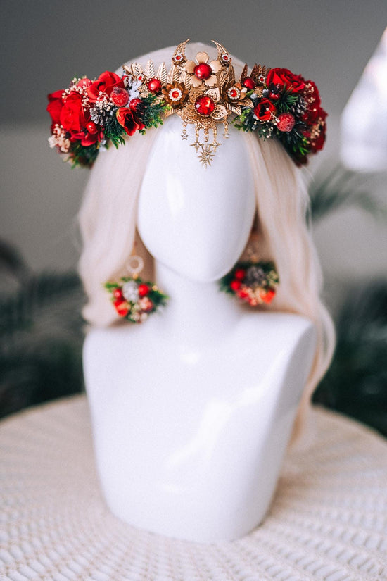Christmas Red Floral Gold Crown Holiday Headpiece Winter Goddess Tiara
