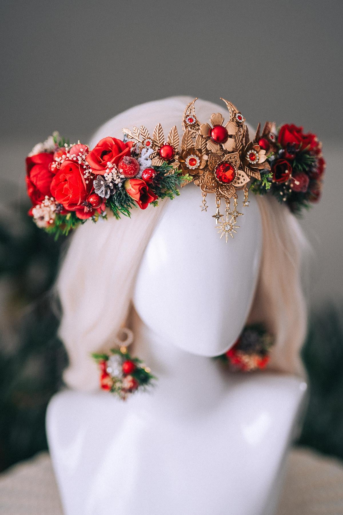 Christmas Red Floral Gold Crown Holiday Headpiece Winter Goddess Tiara