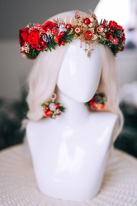 Christmas Red Floral Gold Crown Holiday Headpiece Winter Goddess Tiara