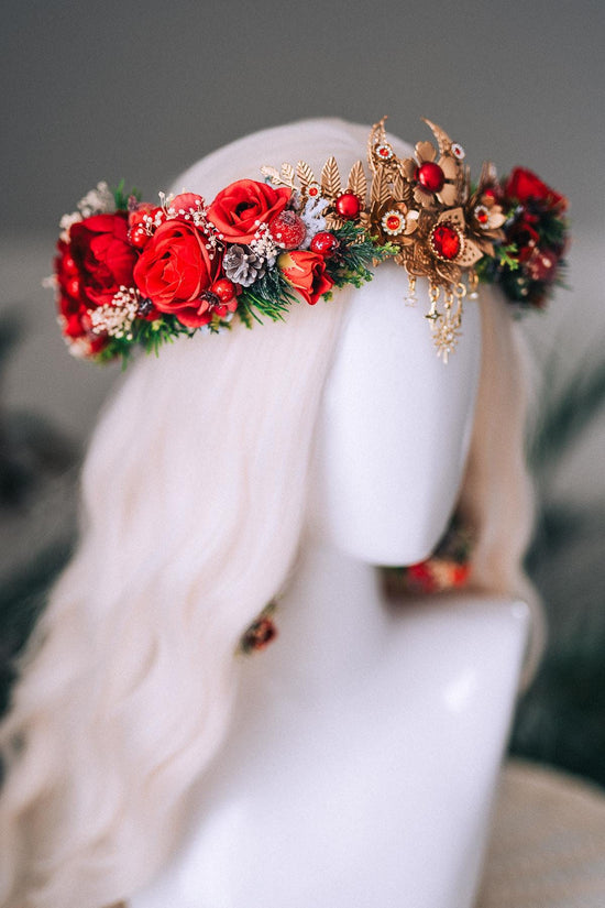 Christmas Red Floral Gold Crown Holiday Headpiece Winter Goddess Tiara