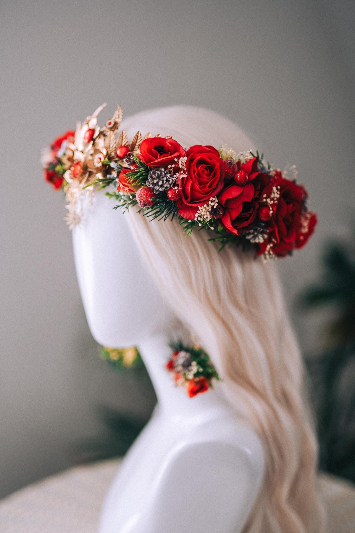 Christmas Red Floral Gold Crown Holiday Headpiece Winter Goddess Tiara