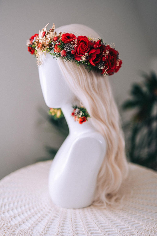Christmas Red Floral Gold Crown Holiday Headpiece Winter Goddess Tiara