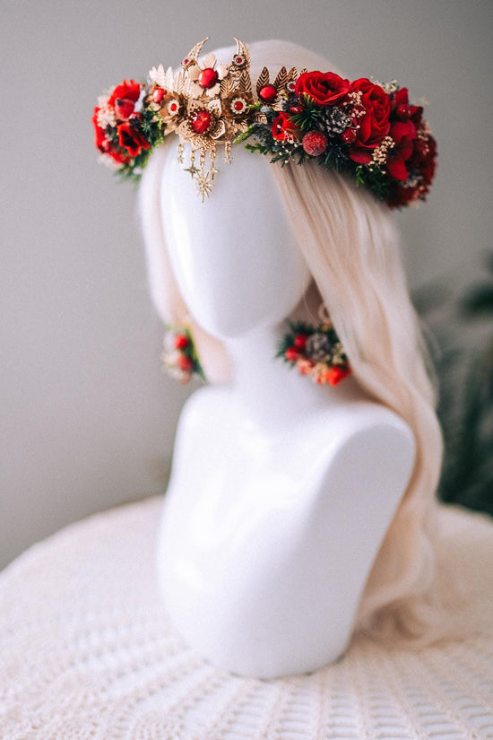 Christmas Floral Earrings Red Roses Gold