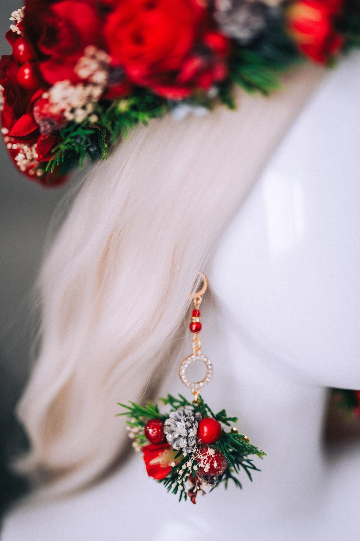 Christmas Floral Earrings Red Roses Gold