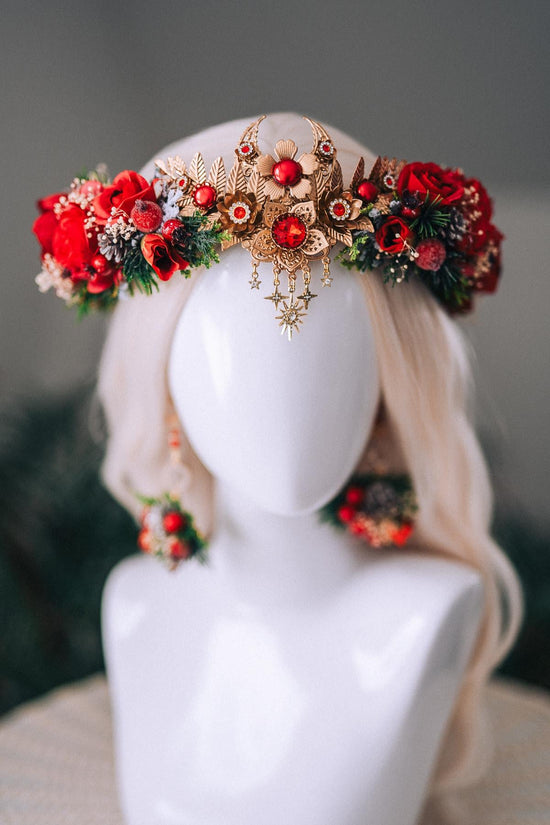 Christmas Floral Earrings Red Roses Gold