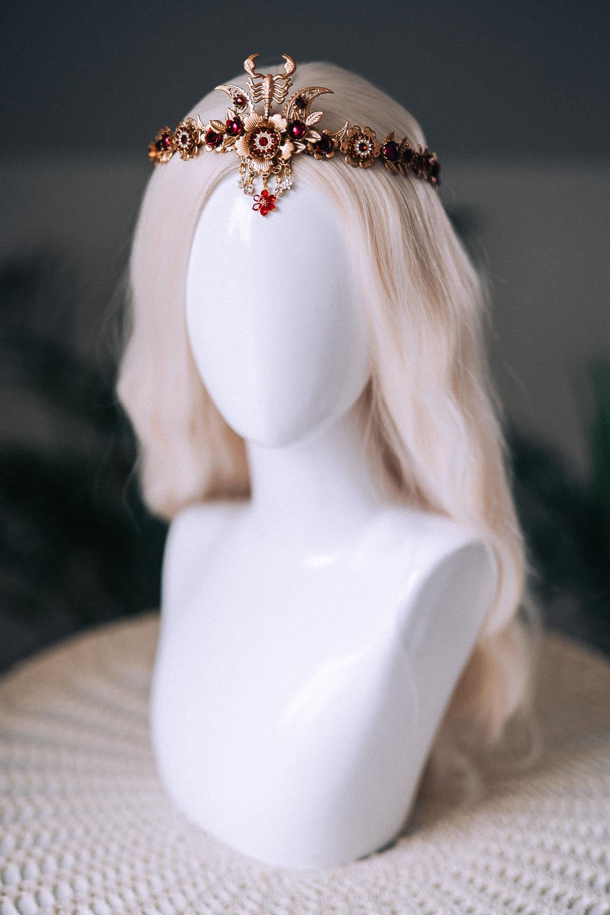 Scorpio Zodiac Tiara Burgundy Crystal Headpiece Celestial Goddess Crown