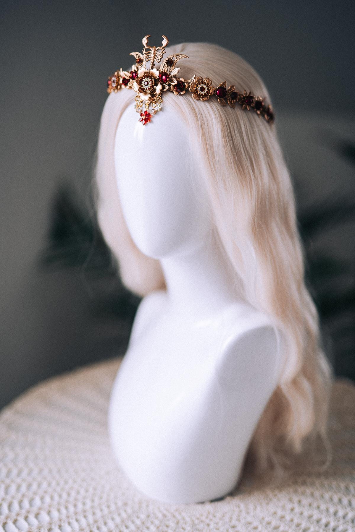 Scorpio Zodiac Tiara Burgundy Crystal Headpiece Celestial Goddess Crown