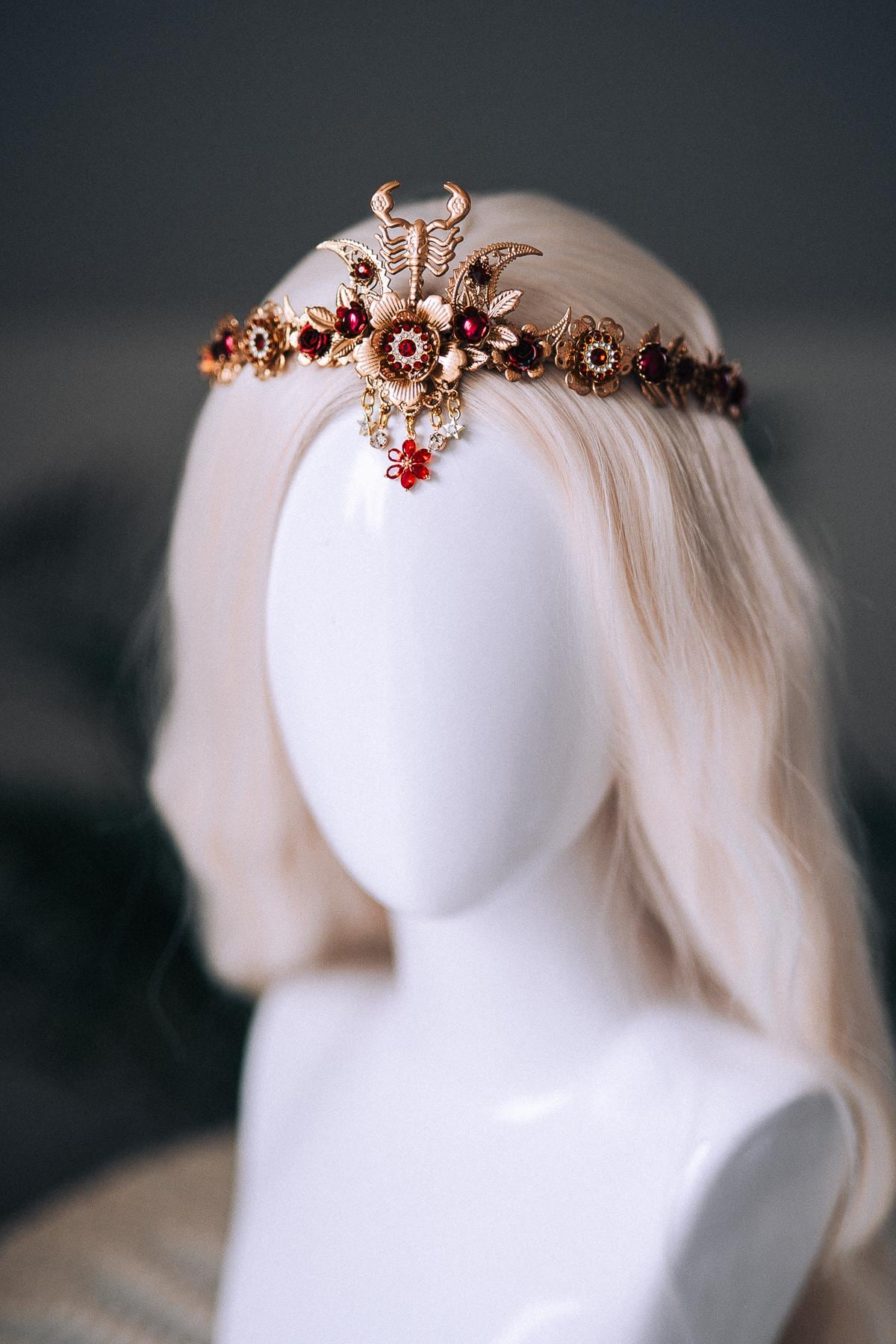 Scorpio Zodiac Tiara Burgundy Crystal Headpiece Celestial Goddess Crown