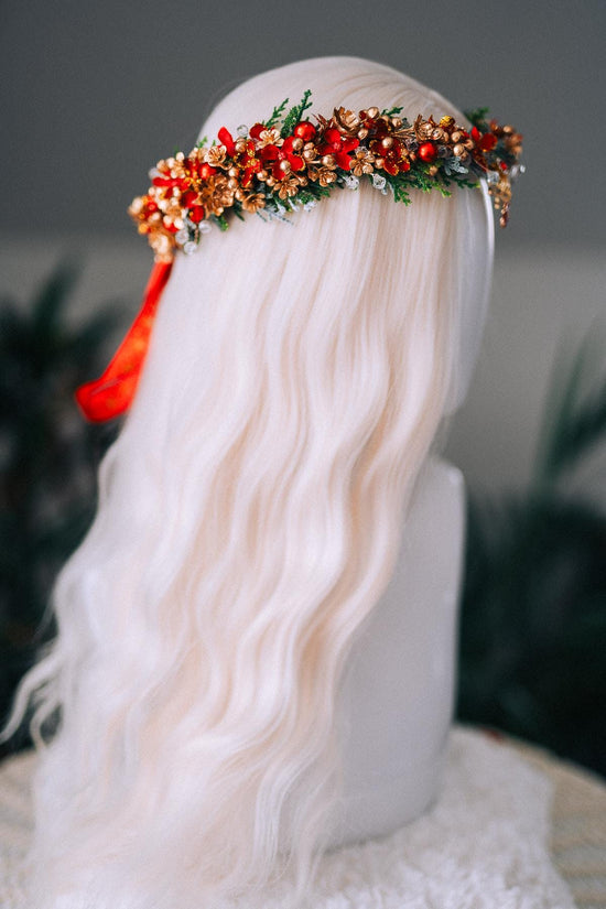 Red Gold Christmas Floral Crown Festive Holiday Headpiece Winter Goddess Tiara