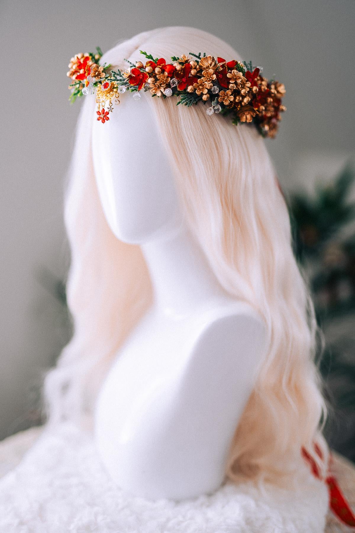 Red Gold Christmas Floral Crown Festive Holiday Headpiece Winter Goddess Tiara