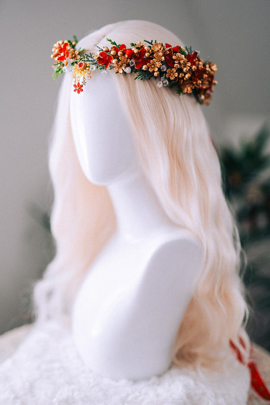 Red Gold Christmas Floral Crown Festive Holiday Headpiece Winter Goddess Tiara