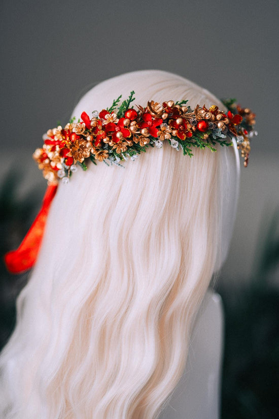 Red Gold Christmas Floral Crown Festive Holiday Headpiece Winter Goddess Tiara