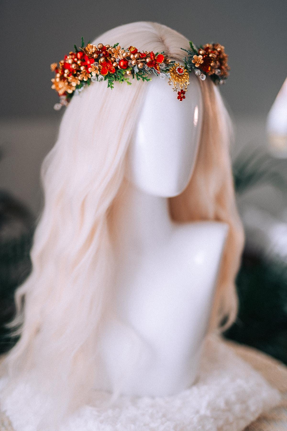 Red Gold Christmas Floral Crown Festive Holiday Headpiece Winter Goddess Tiara