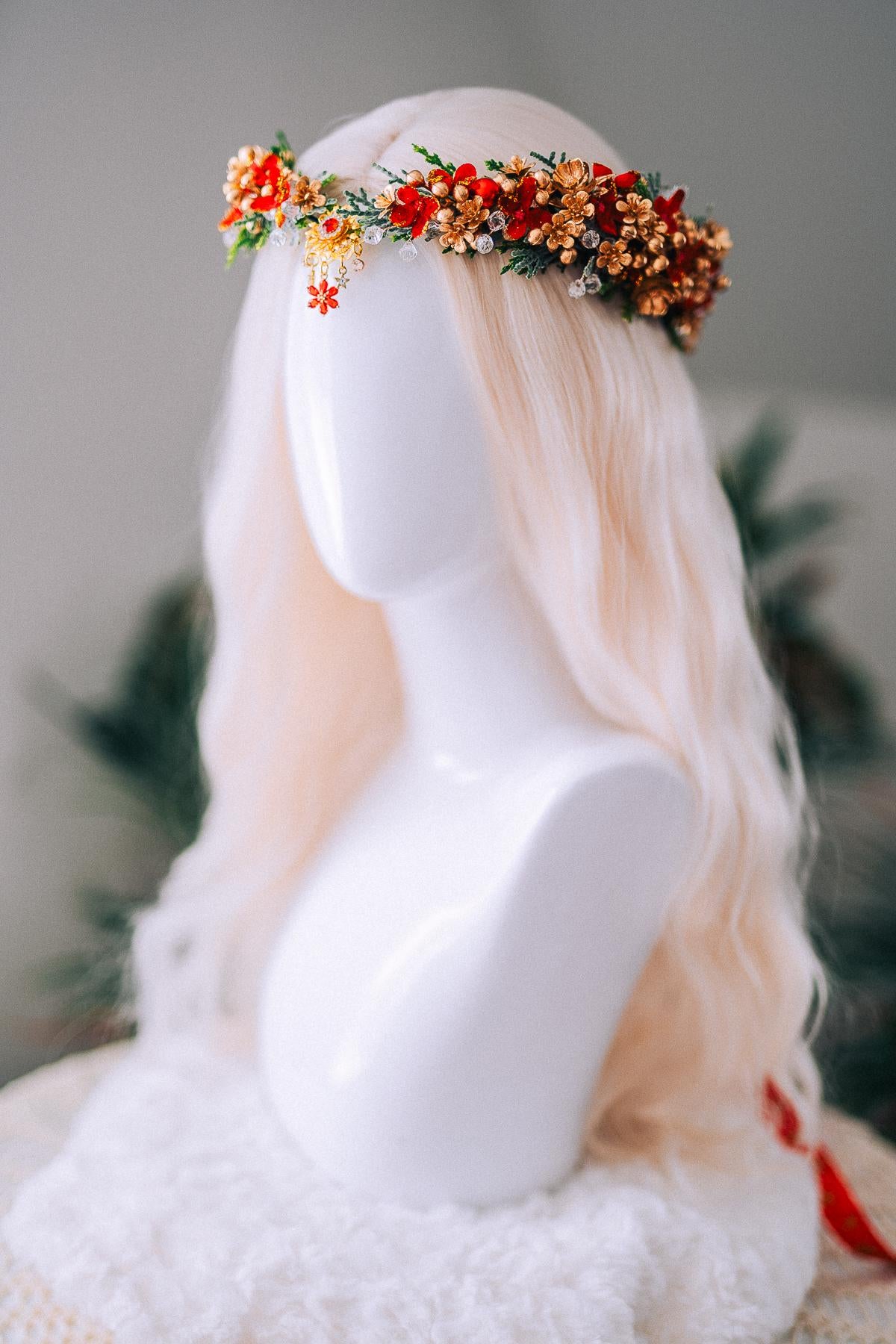 Red Gold Christmas Floral Crown Festive Holiday Headpiece Winter Goddess Tiara