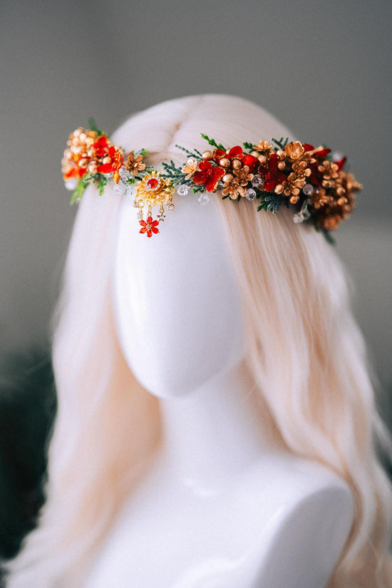 Red Gold Christmas Floral Crown Festive Holiday Headpiece Winter Goddess Tiara