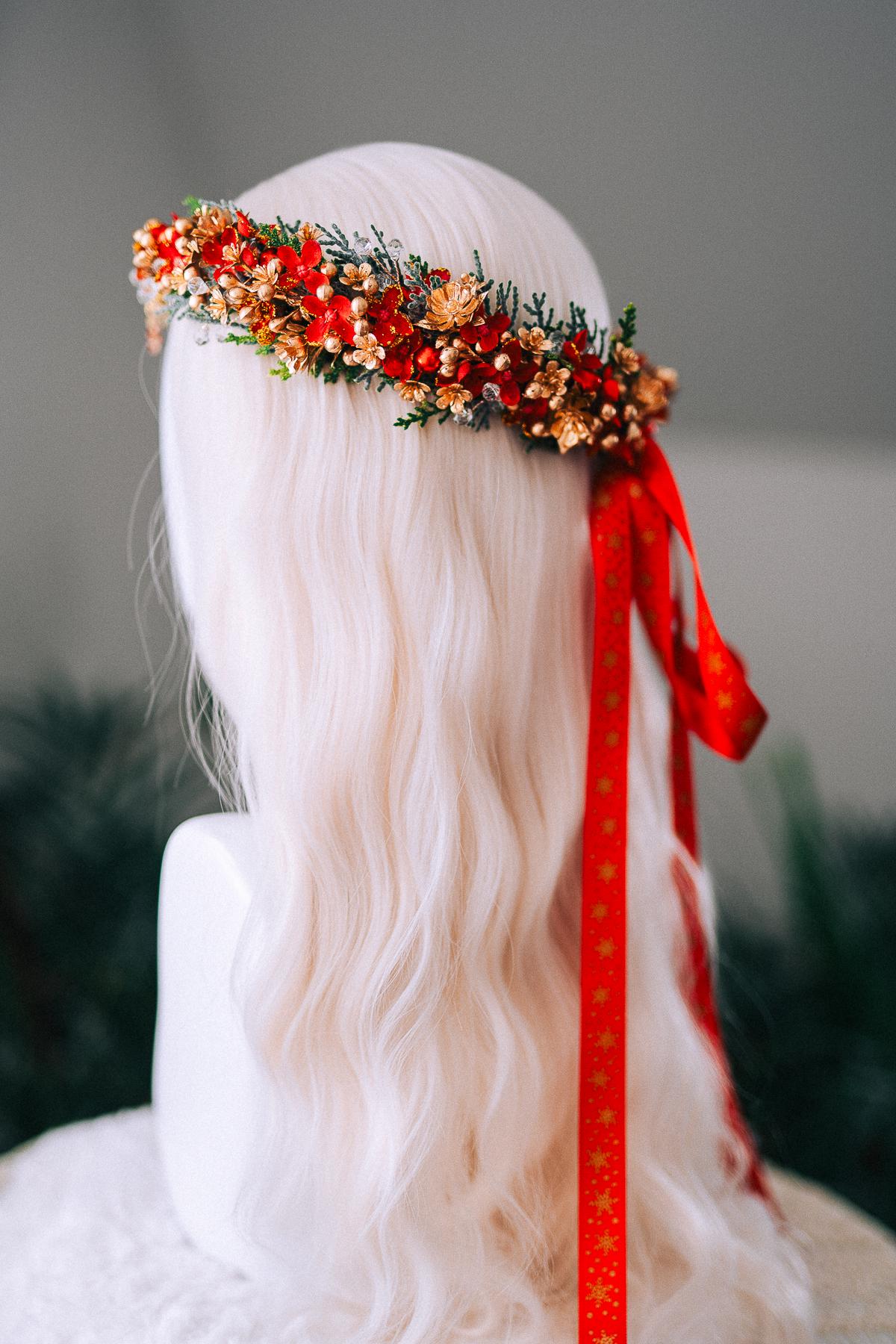Red Gold Christmas Floral Crown Festive Holiday Headpiece Winter Goddess Tiara