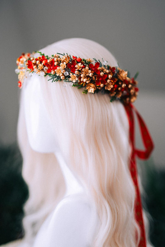 Red Gold Christmas Floral Crown Festive Holiday Headpiece Winter Goddess Tiara