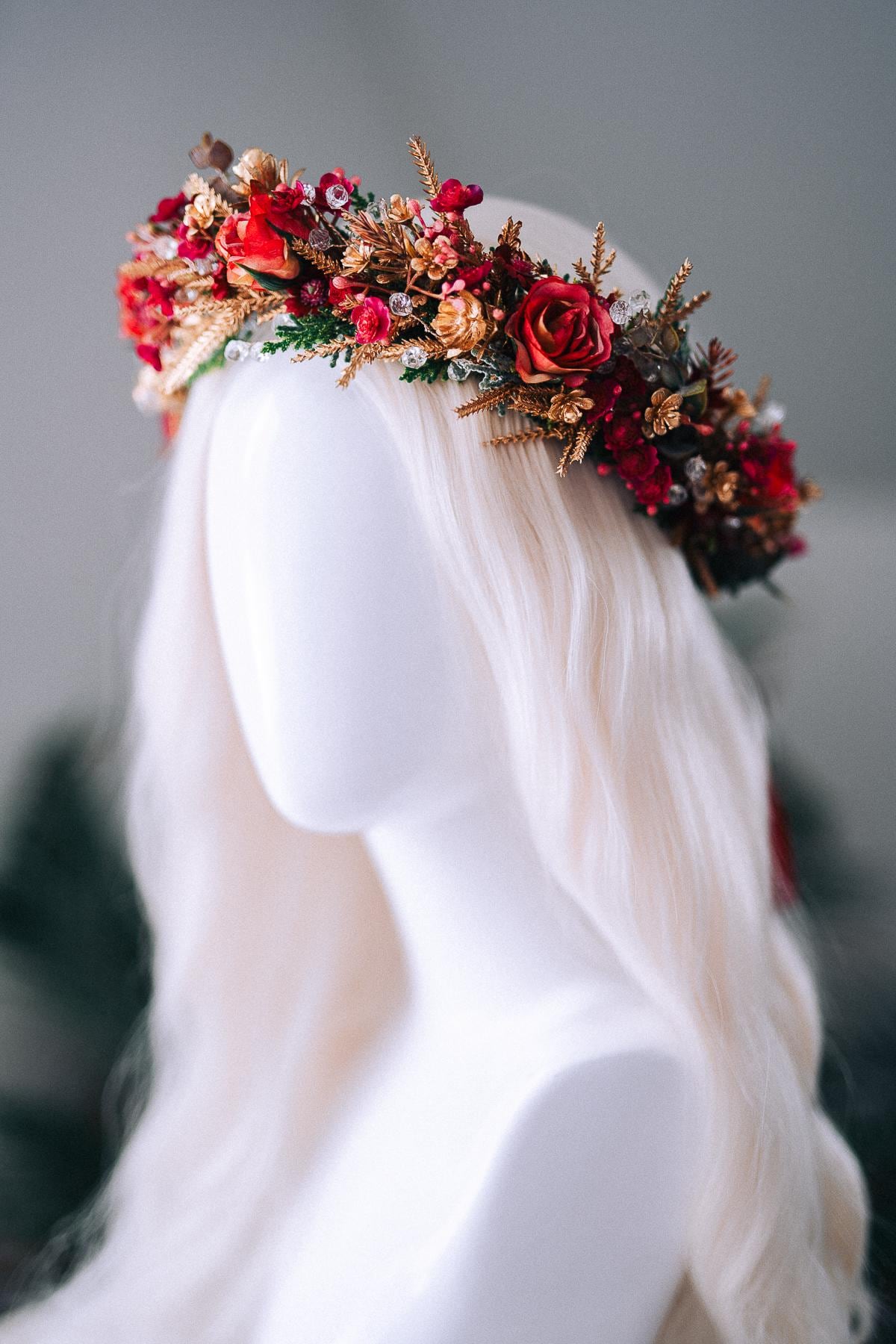 Red Gold Christmas Winter Crown Floral Holiday Headpiece Festive Goddess Tiara