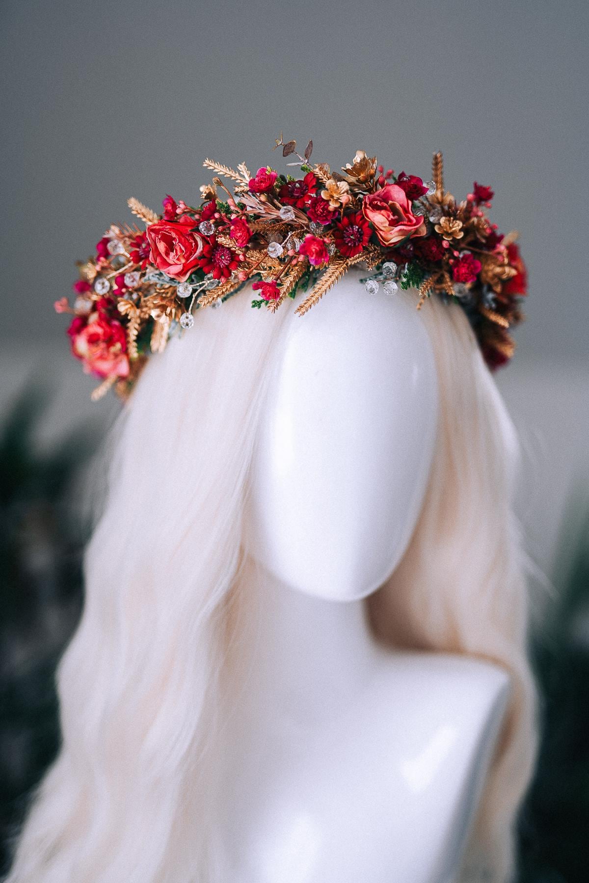 Red Gold Christmas Winter Crown Floral Holiday Headpiece Festive Goddess Tiara