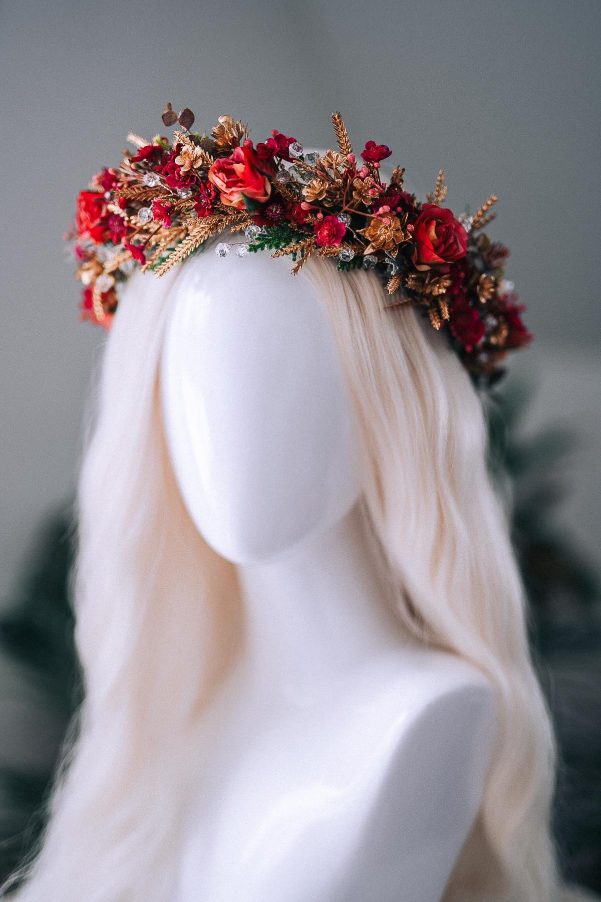 Red Gold Christmas Winter Crown Floral Holiday Headpiece Festive Goddess Tiara