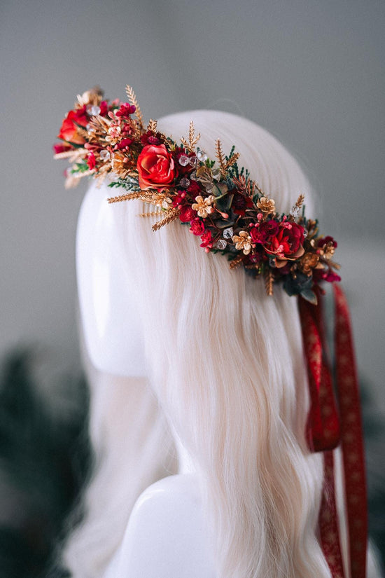 Red Gold Christmas Winter Crown Floral Holiday Headpiece Festive Goddess Tiara