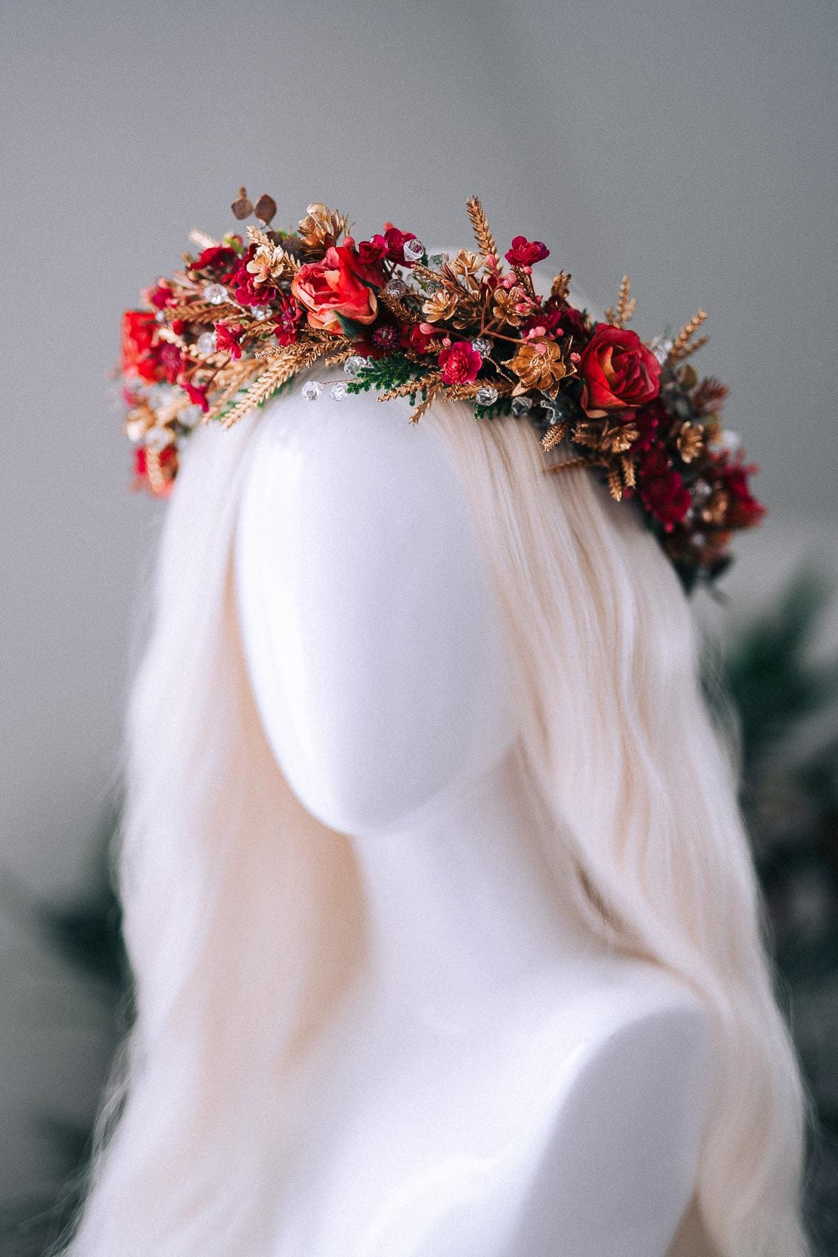 Red Gold Christmas Winter Crown Floral Holiday Headpiece Festive Goddess Tiara