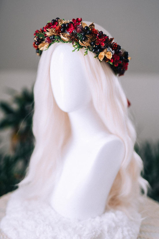 Red Gold Berry Christmas Crown Winter Floral Holiday Headpiece Festive Goddess Tiara