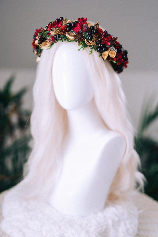 Red Gold Berry Christmas Crown Winter Floral Holiday Headpiece Festive Goddess Tiara