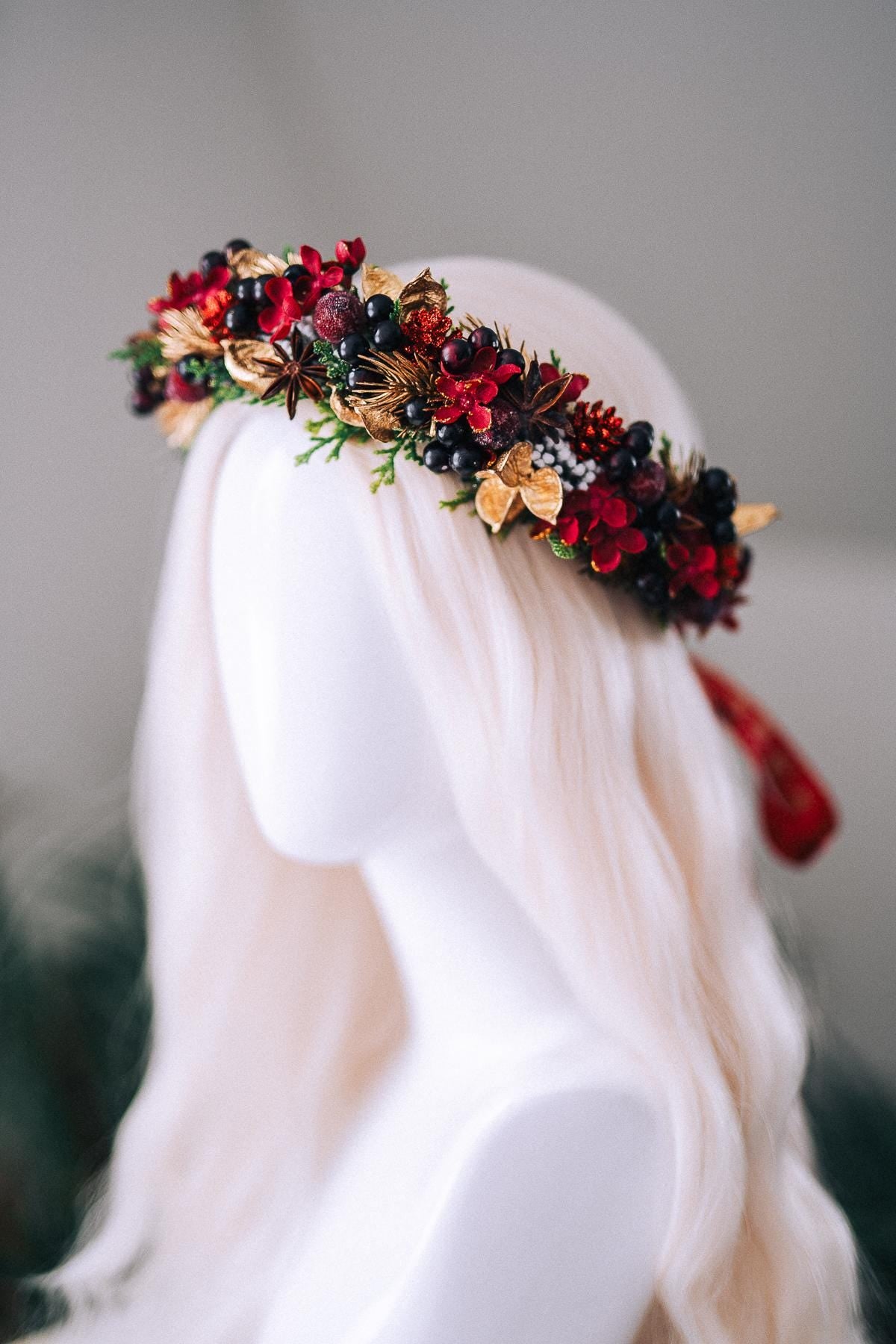 Red Gold Berry Christmas Crown Winter Floral Holiday Headpiece Festive Goddess Tiara