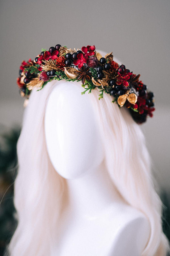 Red Gold Berry Christmas Crown Winter Floral Holiday Headpiece Festive Goddess Tiara