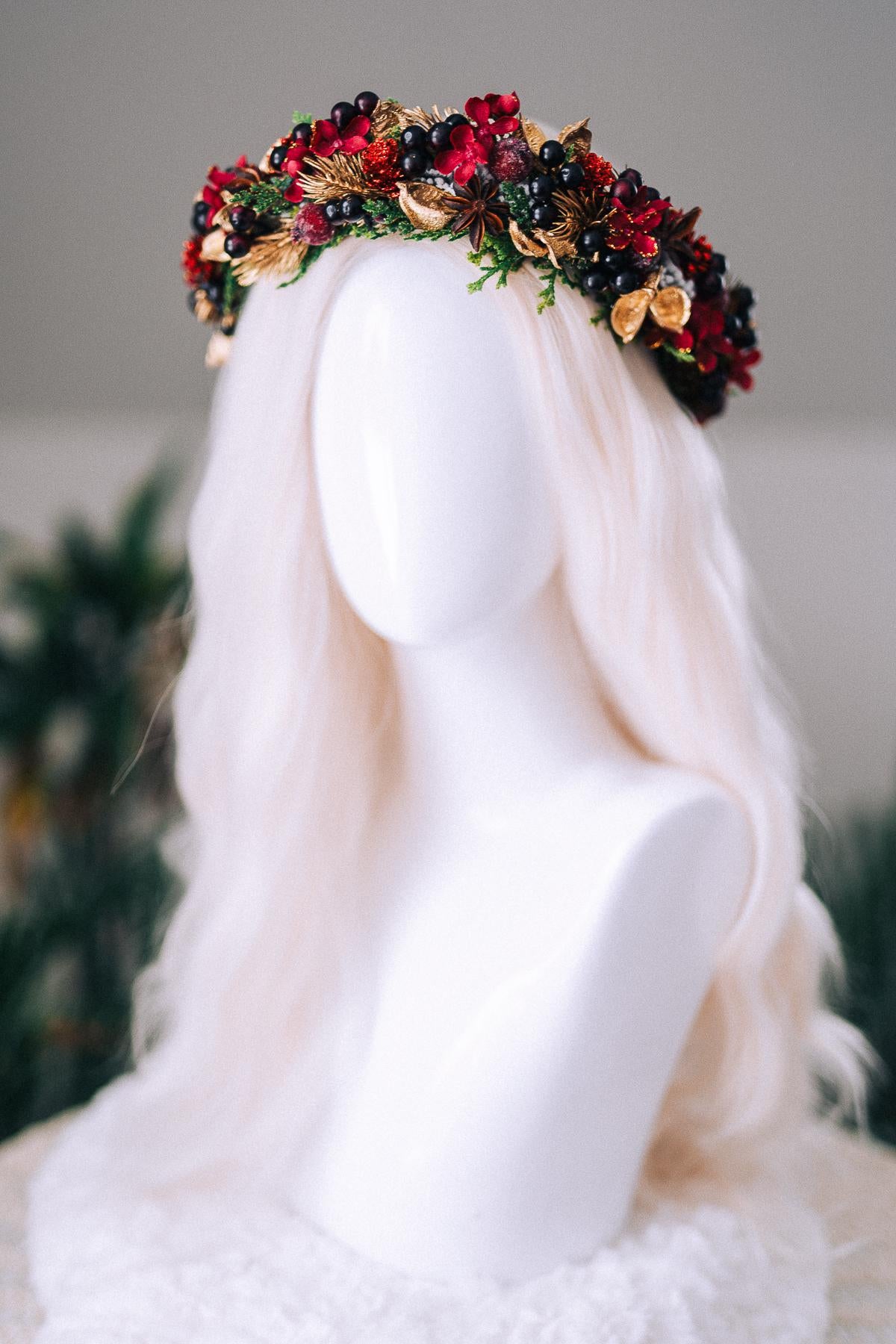 Red Gold Berry Christmas Crown Winter Floral Holiday Headpiece Festive Goddess Tiara