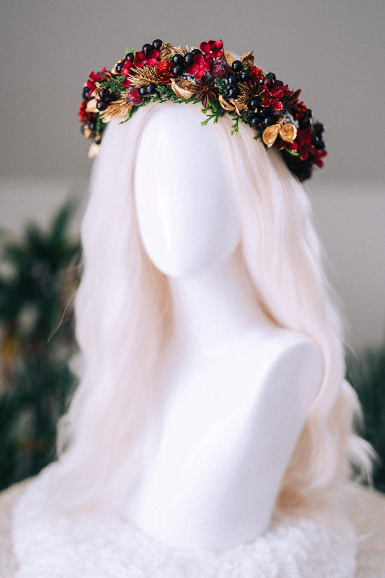 Red Gold Berry Christmas Crown Winter Floral Holiday Headpiece Festive Goddess Tiara