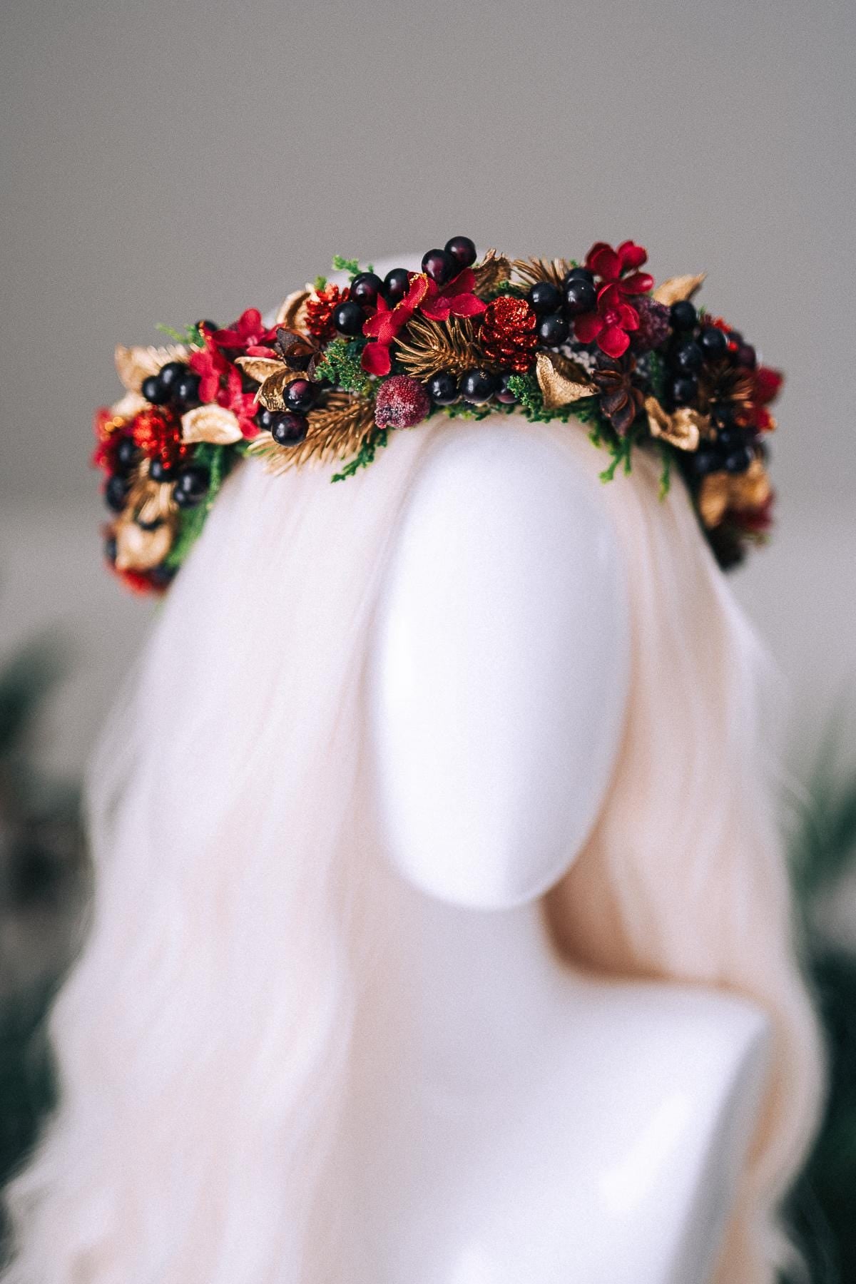 Red Gold Berry Christmas Crown Winter Floral Holiday Headpiece Festive Goddess Tiara