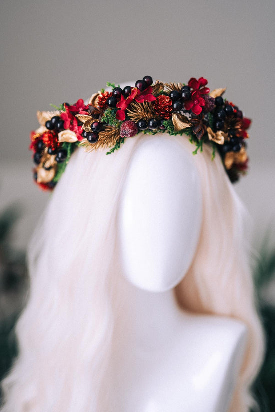 Red Gold Berry Christmas Crown Winter Floral Holiday Headpiece Festive Goddess Tiara