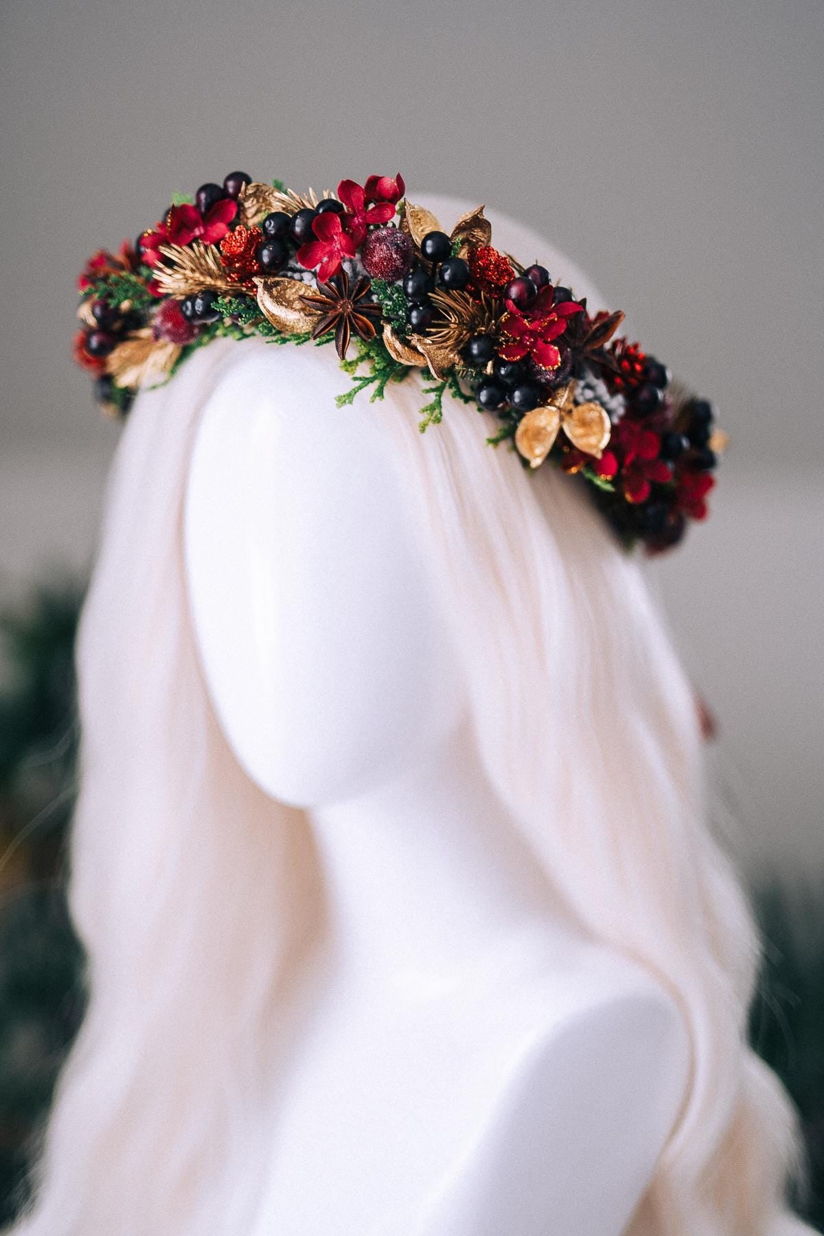Red Gold Berry Christmas Crown Winter Floral Holiday Headpiece Festive Goddess Tiara