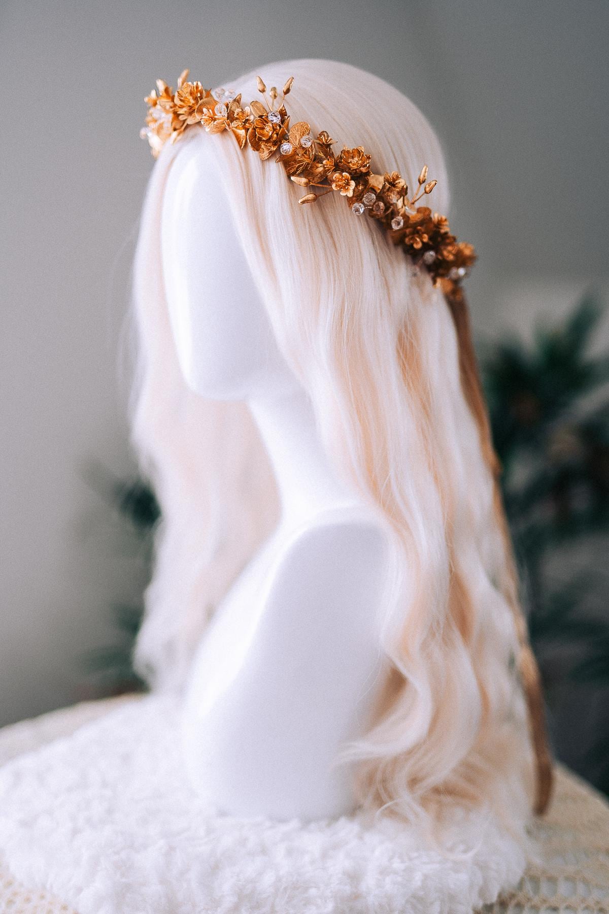 Gold Floral Winter Crown Christmas Holiday Headpiece Festive Goddess Tiara