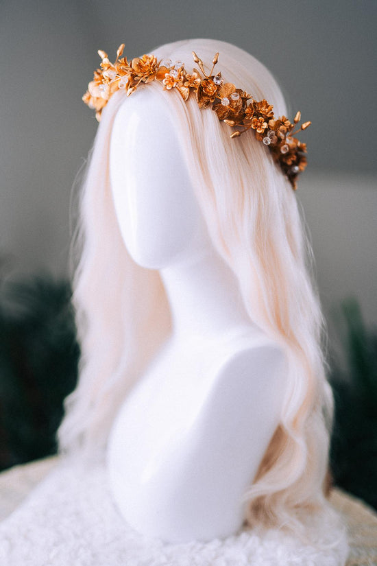 Gold Floral Winter Crown Christmas Holiday Headpiece Festive Goddess Tiara