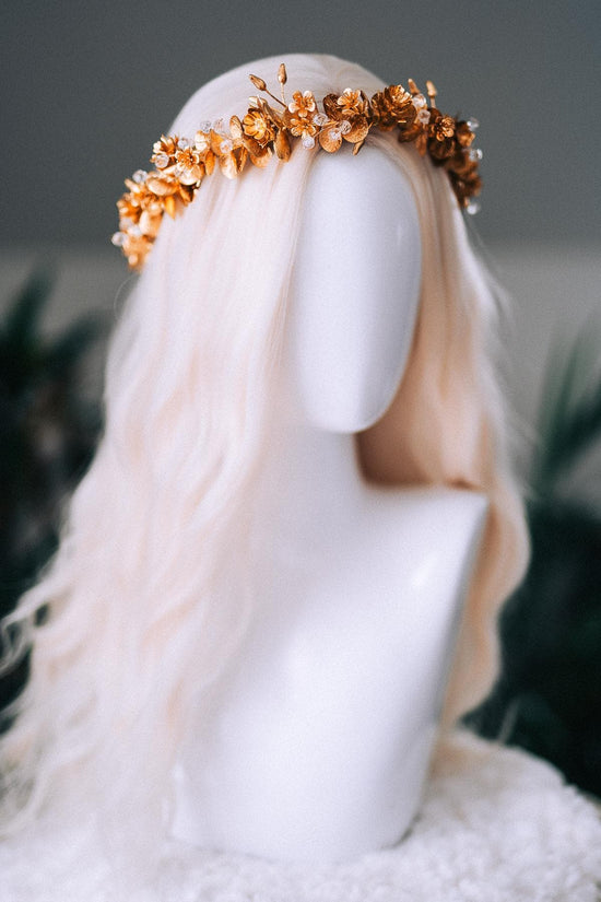 Gold Floral Winter Crown Christmas Holiday Headpiece Festive Goddess Tiara