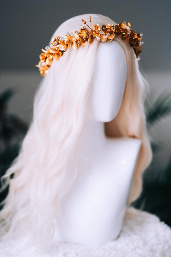 Gold Floral Winter Crown Christmas Holiday Headpiece Festive Goddess Tiara