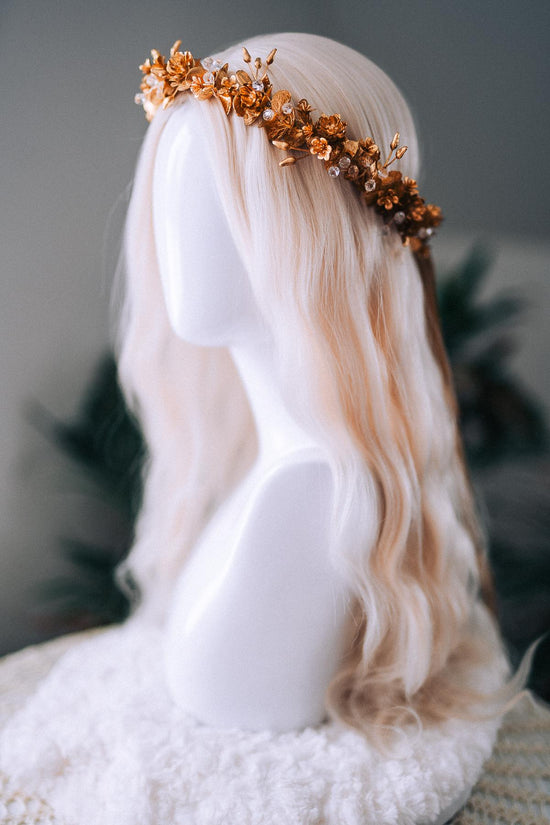 Gold Floral Winter Crown Christmas Holiday Headpiece Festive Goddess Tiara