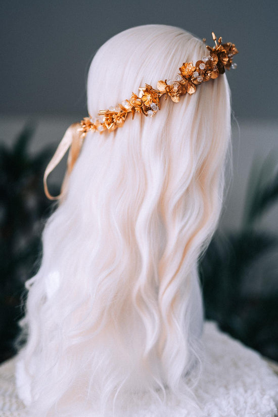 Gold Floral Winter Crown Christmas Holiday Headpiece Festive Goddess Tiara