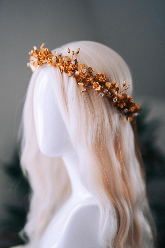 Gold Floral Winter Crown Christmas Holiday Headpiece Festive Goddess Tiara