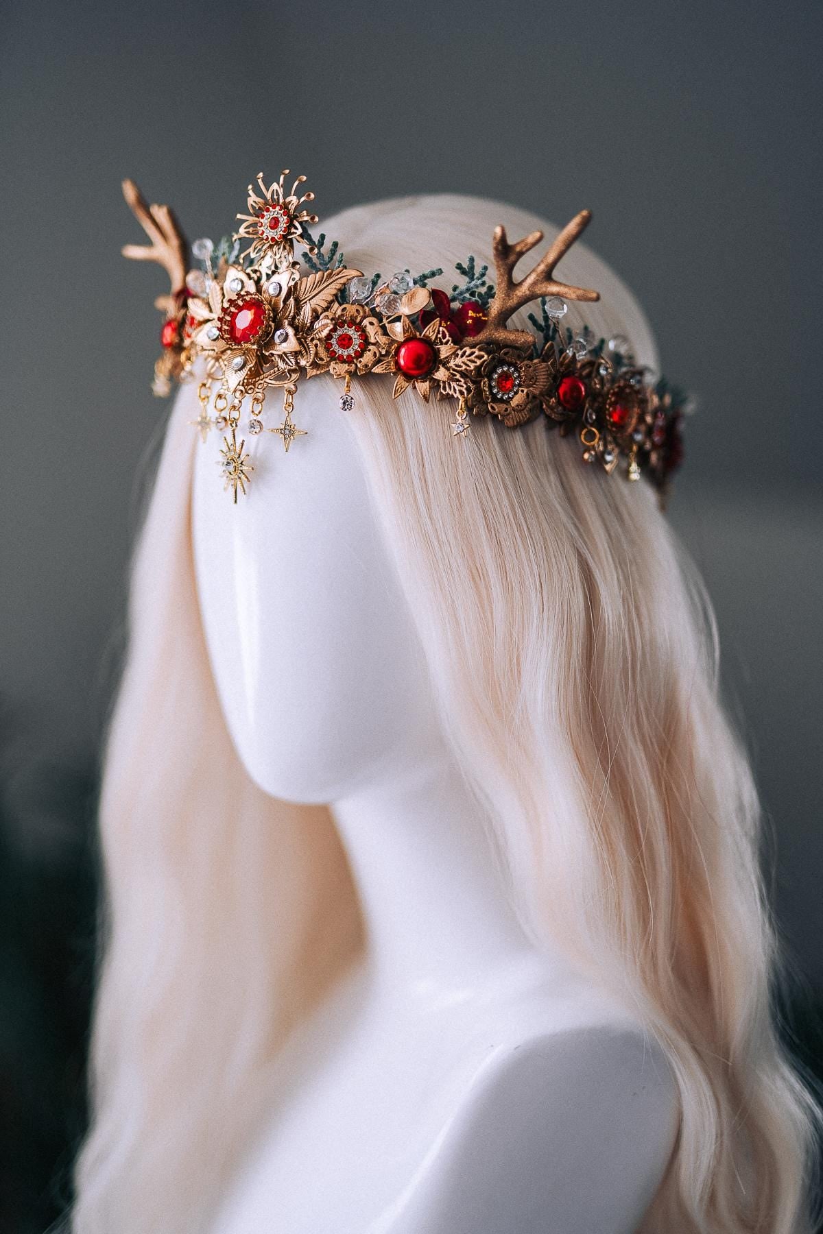 Red Gold Reindeer Christmas Crown Festive Holiday Headpiece Winter Goddess Tiara