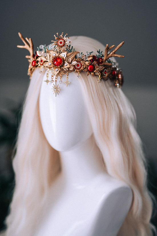 Red Gold Reindeer Christmas Crown Festive Holiday Headpiece Winter Goddess Tiara