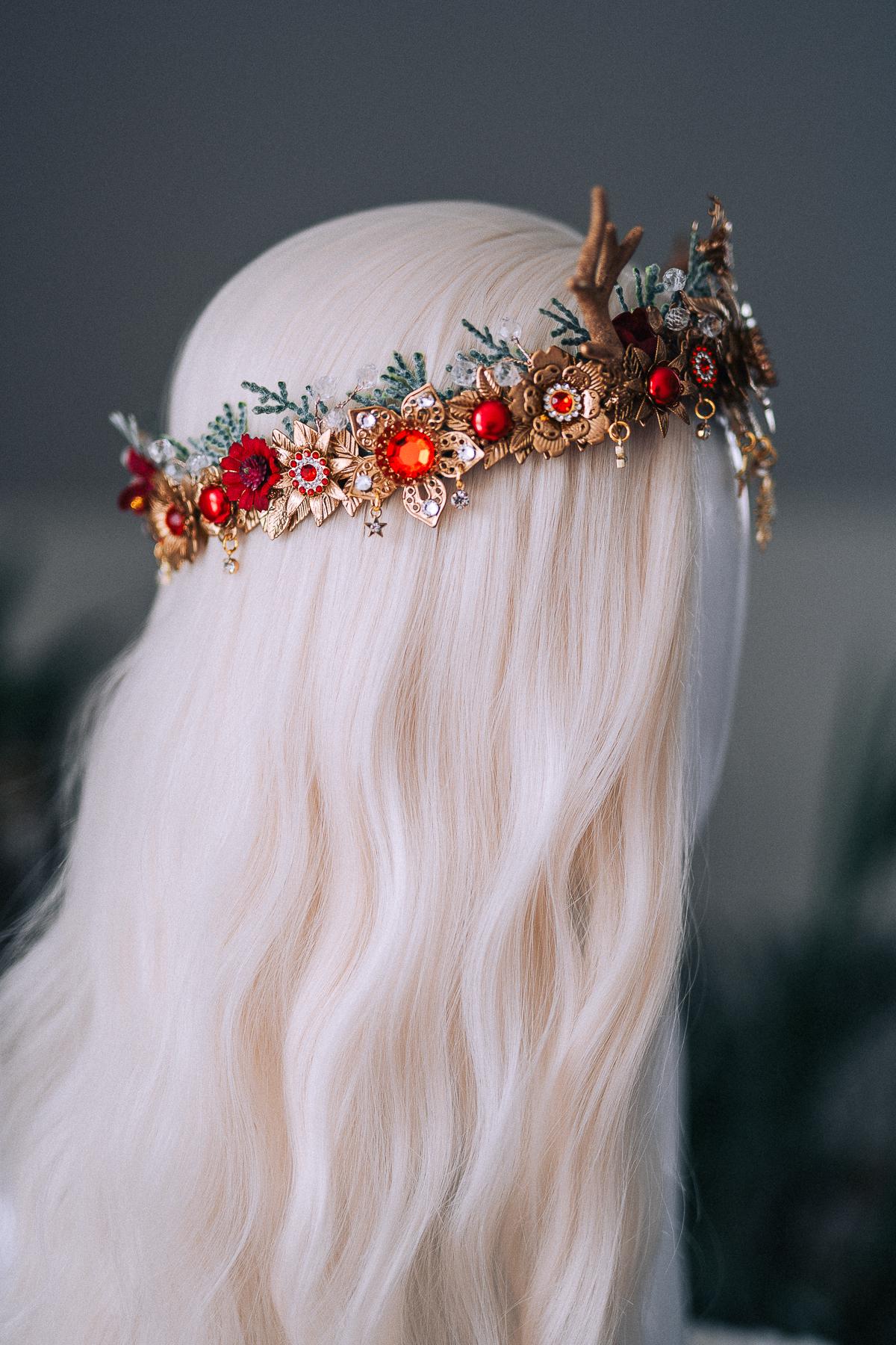 Red Gold Reindeer Christmas Crown Festive Holiday Headpiece Winter Goddess Tiara