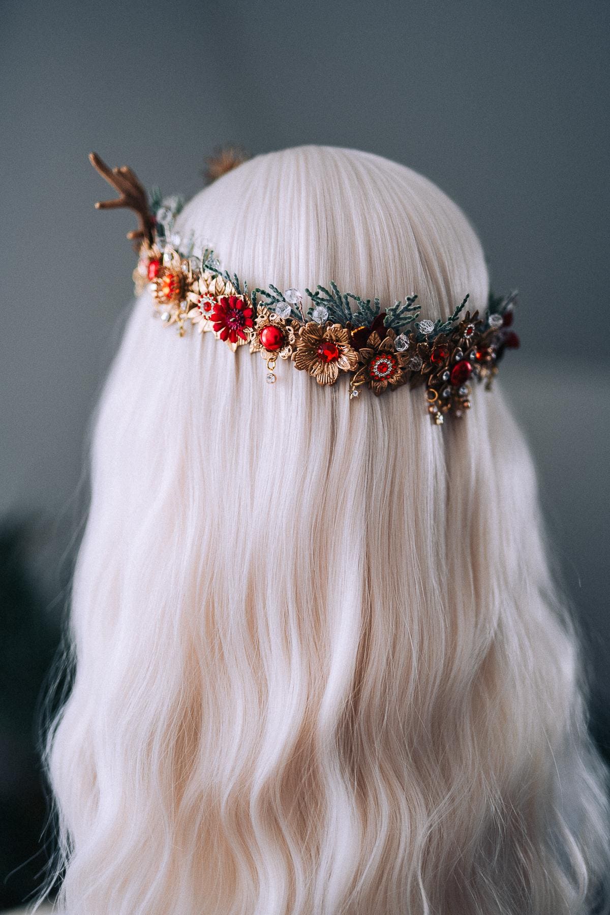 Red Gold Reindeer Christmas Crown Festive Holiday Headpiece Winter Goddess Tiara