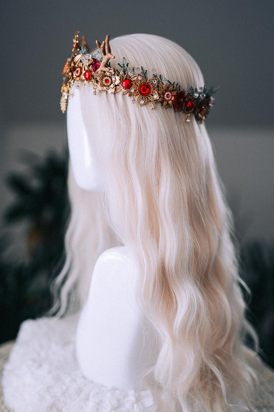 Red Gold Reindeer Christmas Crown Festive Holiday Headpiece Winter Goddess Tiara