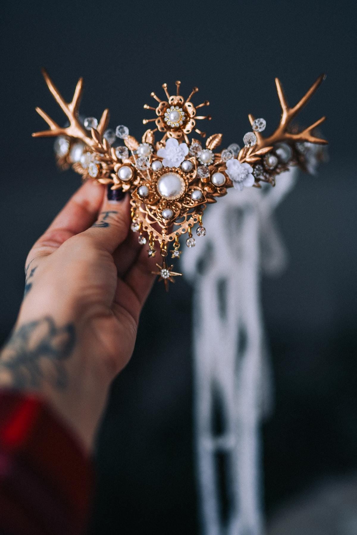 White Gold Winter Deer Crown Goddess Headpiece